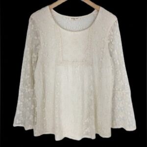 Floral Lace Bell Sleeve Fairy Blouse Ivory Cream Women’s Size L by Indigo Soul